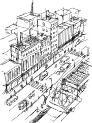hand drawn architectural sketch of a modern city with high buildings and people and vehicles in the streets