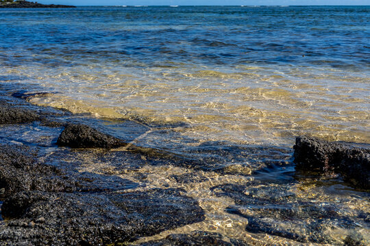 Close-up of volcanic stone beach rock with shells and barnacles on the water. High quality photo