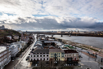 a panoramic view from a drone of the old part of the city with the Kremlin of Nizhny Novgorod on a cloudy autumn day 