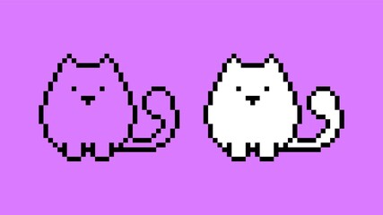 Kawaii pixel kitty. Cute fat anime cat with fluffy tail. Playable character of an 8bit arcade game with charming face. Pets vector manga mascot
