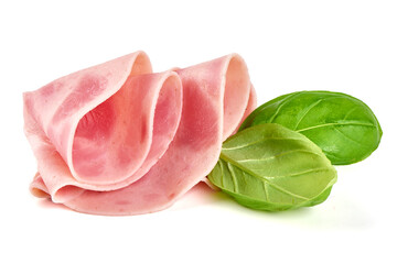 Boiled Ham Slices, close-up, isolated on white background.