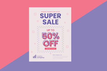 Fototapeta na wymiar Super Sale discount advertising banner template vector. Suitable for social media ad banner and ad post of 50% off.