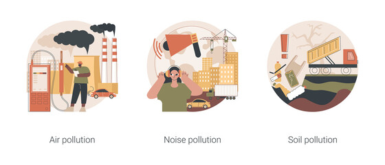 Ecological problem abstract concept vector illustration set. Air and noise pollution, soil contamination, urban smog, vehicle exhaust, global warming, land degradation, environment abstract metaphor.