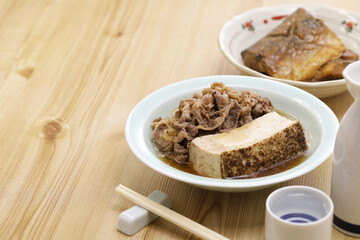 simmered sliced beef and tofu and simmered mackerel with miso sauce, japanese food