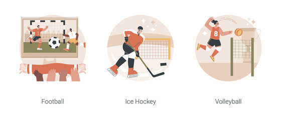 Fototapeta premium Team sport championship abstract concept vector illustration set. Football, ice hockey and volleyball, soccer college team, sports betting, competition match, uniform, training abstract metaphor.