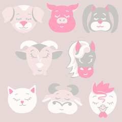 Vector cute pets. Cow, goat, dog, cat, horse, pig. Heads in pastel colors
