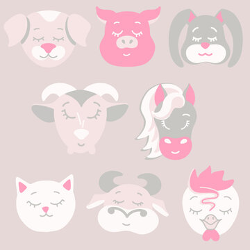 Vector cute pets. Cow, goat, dog, cat, horse, pig. Heads in pastel colors