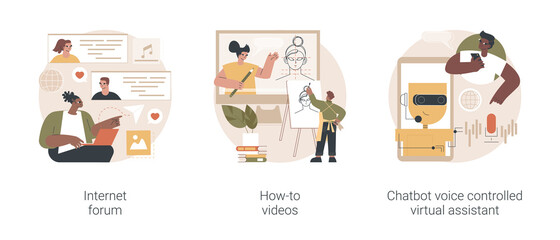 Web services abstract concept vector illustration set. Internet forum, how-to videos, chatbot voice controlled virtual assistant, chat message, interactive online learning abstract metaphor.