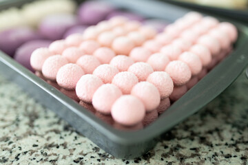 Delicious interesting pastries. Mousse cake on a pan. Making cakes