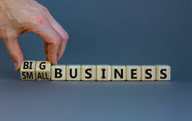 Big or small business symbol. Businessman turns wooden cubes, changes words small business to big business. Beautiful grey background, copy space. Big or small business concept.