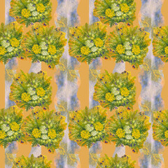 Seamless pattern with a bouquet of field herbs and wild flowers. Textured background with yellow bouquets is suitable for textiles, summer themes, for wrapping paper