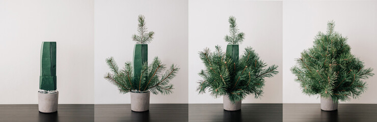 Collage of step by step process made of christmas tree in cement pot with floral sponge. Handmade...