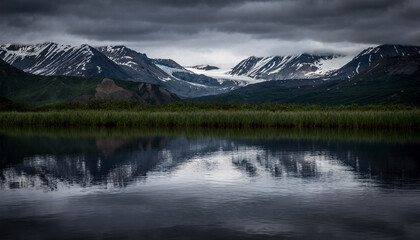 Fototapeta na wymiar The Gulkana Glacier is reflected in a pond in the Alaska Range by the Richardson Highway, Alaska. 