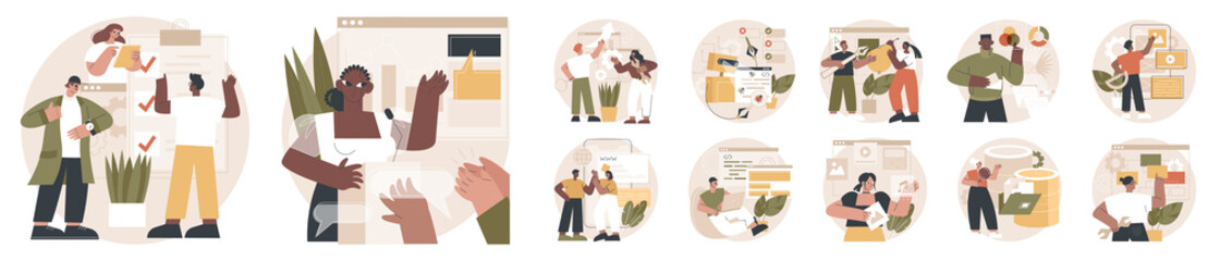 Web development and support design agency services abstract concept vector illustration set. Logo and print design, UI and UX, brand visual ID, mobile app user interface, coding software page.