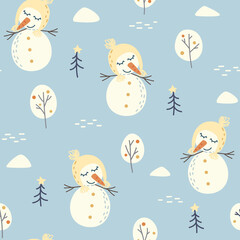 Seamless pattern with cute snowmen, Christmas trees and snowdrifts on a blue background. Christmas and New Year design.