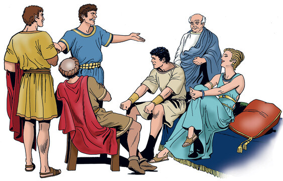 Group of men from Ancient Rome talk to each other