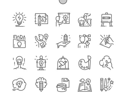 Creativity. Idea presentation. Sketch, project and inspiration. Creativity person. Imagination. Pixel Perfect Vector Thin Line Icons. Simple Minimal Pictogram