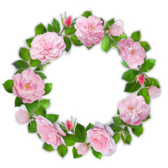 Round floral wreath with roses and leaves