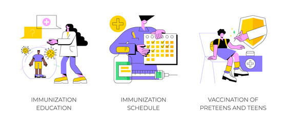 Fototapeta premium Public health program abstract concept vector illustration set. Immunization education and schedule, vaccination of teens, children vaccination calendar, infectious disease abstract metaphor.