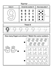 Black and white printable number worksheet handout for kindergarten design to teach student practice writing tracing counting activity and learning. Number 9.