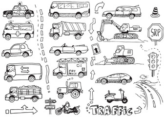 Traffic vector hand drawn doodles set