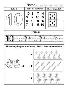 Black and white printable number worksheet handout for kindergarten design to teach student practice writing tracing counting activity and learning. Number 10.