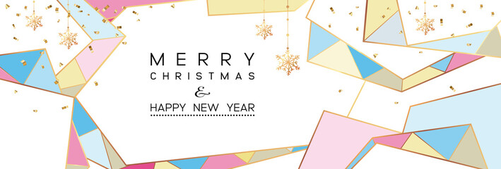 Christmas Poster on white. Vector illustration of Christmas Background with golden snowflakes and multicolored geometric ornament