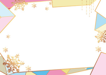 Obraz premium Christmas Poster on white. Vector illustration of Christmas frame with golden snowflakes and multicolored geometric ornament