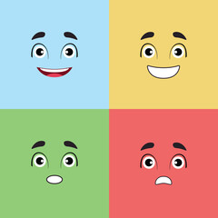 Fun cartoon emoji face with smile and open eyes. Cute vector happy emoticon.