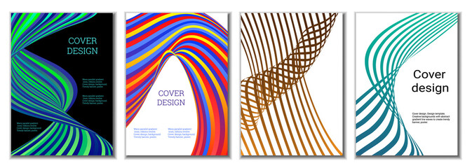 A set of 4 abstract covers. Wavy parallel gradient lines, ribbons evolve. Cover design, background. Trendy banner, poster.