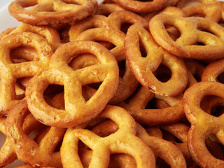 Pretzels isolated on white background. Flat lay. Top view