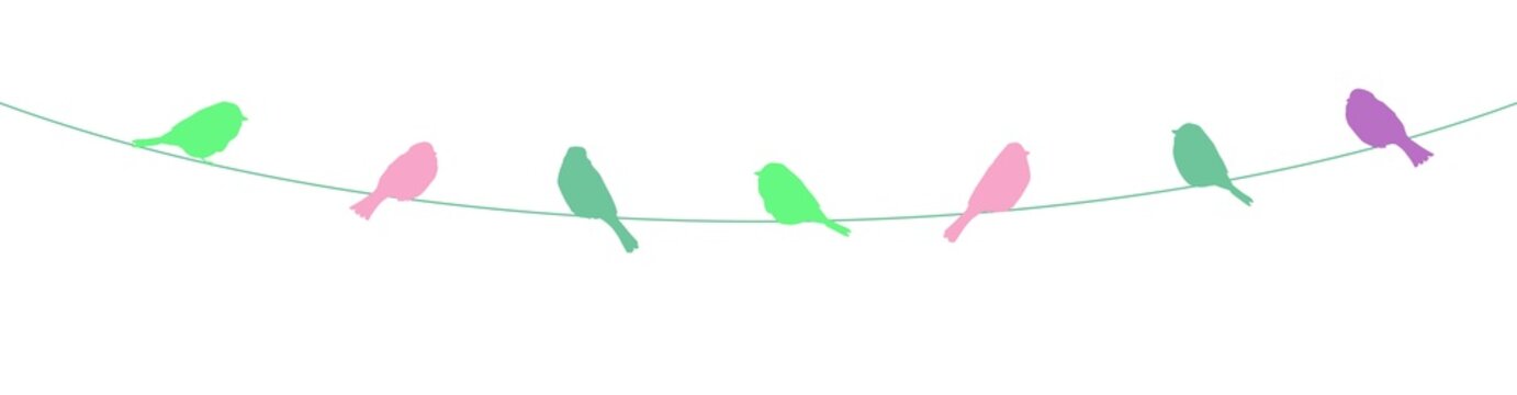 recommend clip art: colorful birds on wire, garland for sping season isolated on white background, romantic decoration