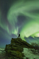 A silhouette of a person watching the aurora borealis near Fairbanks, Alaska. - obrazy, fototapety, plakaty