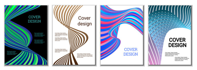 A set of 4 abstract covers. Wavy parallel gradient lines, ribbons evolve. Cover design, background. Trendy banner, poster.