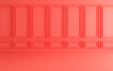 Classic interior walls with copy space. Walls with ornated mouldings panels and wooden floor, classic cornice. Floor parquet. 3d rendering digital interior mock up Illustration. Pink colors