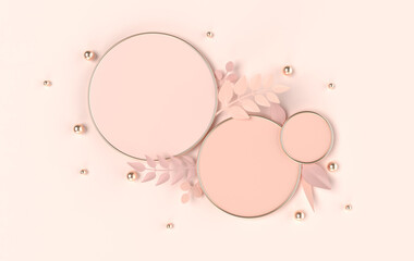 3d rendered geometric shapes, podium with flowers and leaves in paper art style. Platforms for product presentation, mock up background. Abstract composition in minimal design, pastel and gold colors