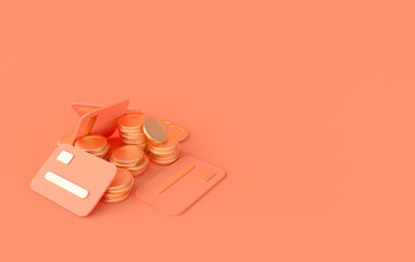 Fototapeta na wymiar Stack of golden coins, credit cards 3d rendering. Earning profit, money saving, online payment concept