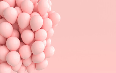 A bunch of pink balloons on pink background. Empty space for birthday, party, promotion social media banners, posters. 3d render balloons