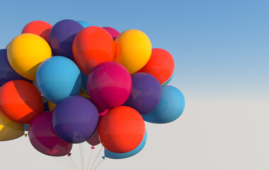 A bunch of glossy colorful balloons and sky. Empty space for birthday, party, promotion social media banners, posters. 3d render balloons background