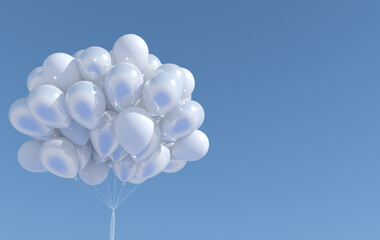 A bunch of white balloons and sky. Empty space for birthday, party, promotion social media banners, posters. 3d render balloons background