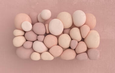 Dynamic abstract pastel colored 3d rendering background with soft spheres. Blush, eye shadow particles