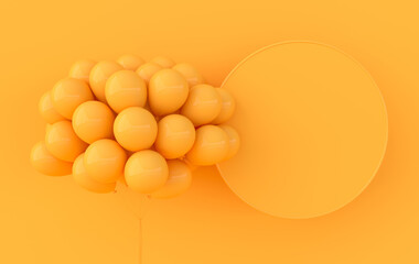 3d render illustration of realistic balloons and frame for text, yellow background. Empty space for party, promotion social media banners, posters.