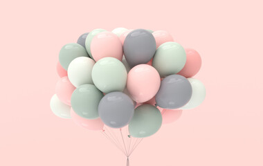 A bunch of pastel colored balloons on pink background. Empty space for birthday, party, promotion social media banners, posters. 3d render balloons © Meranna