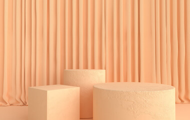 3d rendered interior with geometric shapes, podium on the floor, curtains. Platforms for product presentation, mock up background.