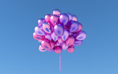 A bunch of purple balloons and sky. Empty space for birthday, party, promotion social media banners, posters. 3d render balloons background