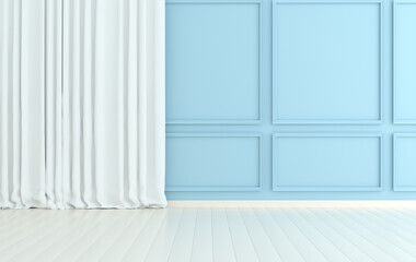 Interior walls with curtains. Walls with ornated mouldings panels and wooden floor, classic cornice. 3d rendering interior mock up. Blue and white colors