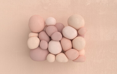 Dynamic abstract pastel colored 3d rendering background with soft spheres. Blush, eye shadow particles