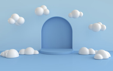 Wall scene with arch, podium, clouds. 3D rendering interior. Platform for product presentation, mock up background.