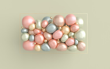 Dynamic abstract pastel colored 3d rendering background with soft spheres. Water drops and pearl blush, eye shadow particles