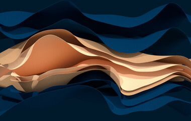 Blue and beige paper or cotton fabric 3d rendering background with waves and curves. Dynamic wallpaper